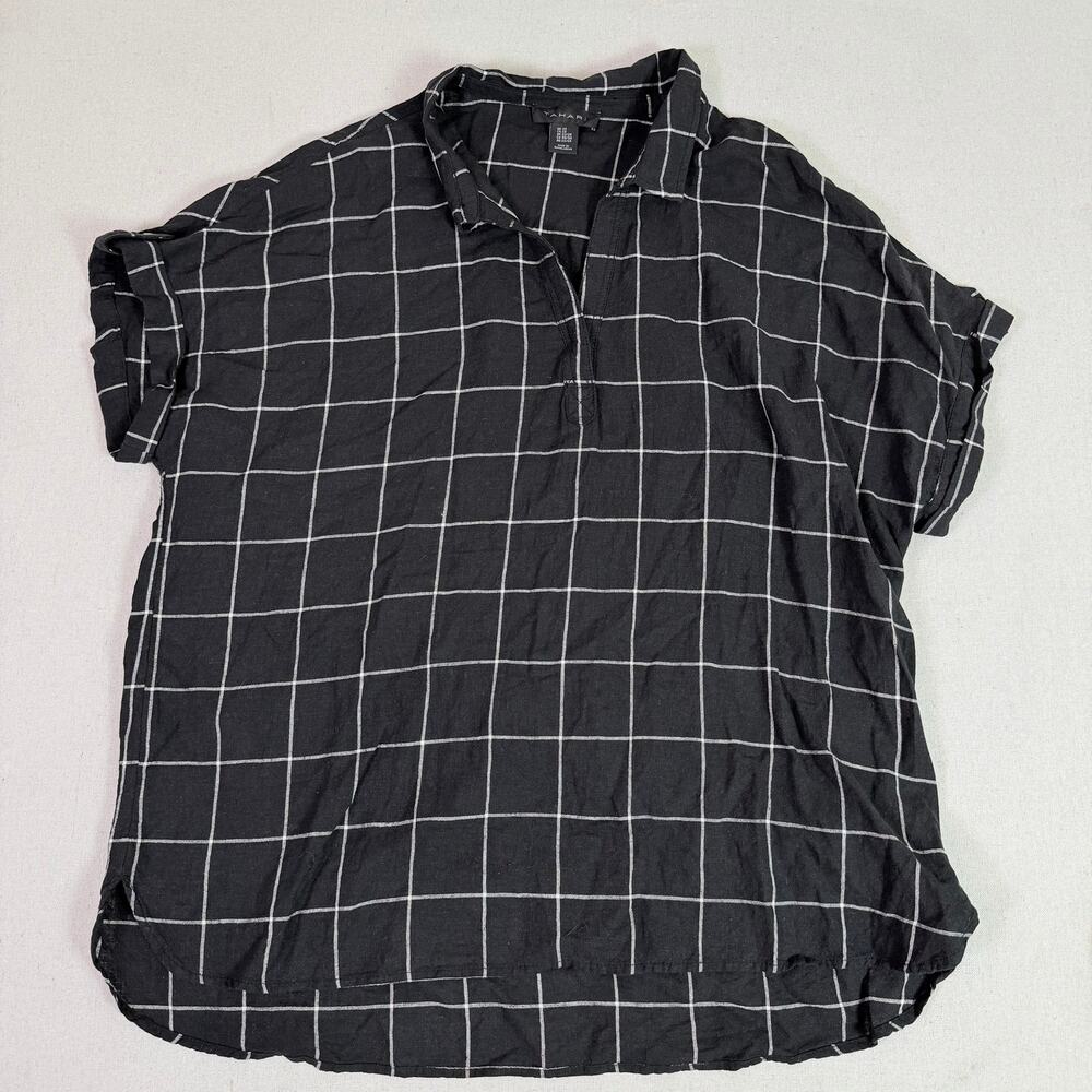 Tahari Linen Blend Popover Tunic Women's 2X Black Windowpane Oversized Shirt - Picture 5 of 11